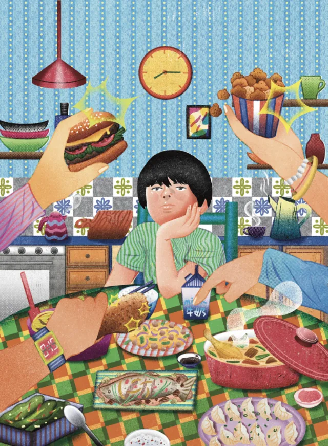 Child looking bored amid many colorful dishes and hands holding food, by Oliver Li