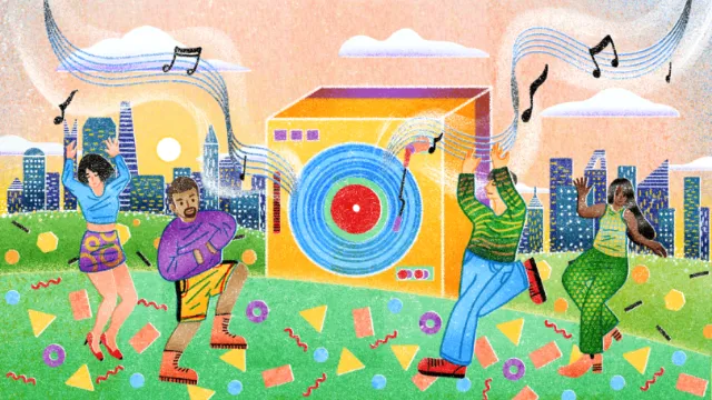 People dancing and enjoying music outdoors by a large speaker, Oliver Li