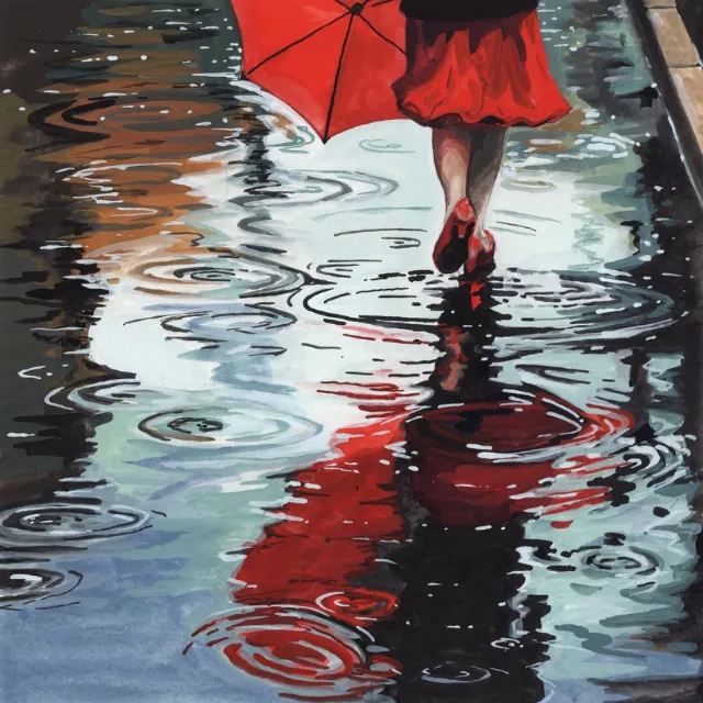 KE Birch painting of a woman with a red umbrella reflected in rainy puddles.