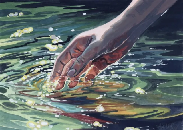 Hand touching water surface reflecting light by KE Birch