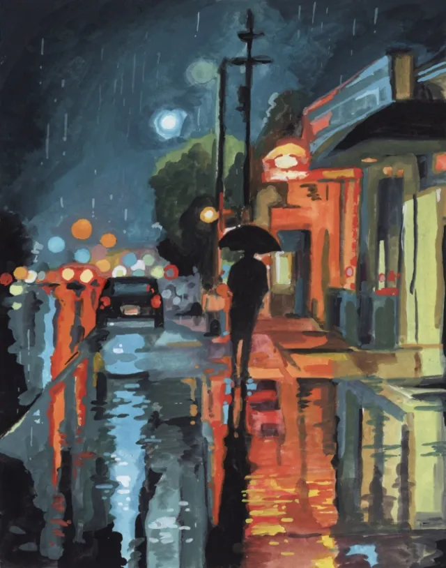 Rainy night street illuminated by neon lights, person walking with umbrella by KE Birch