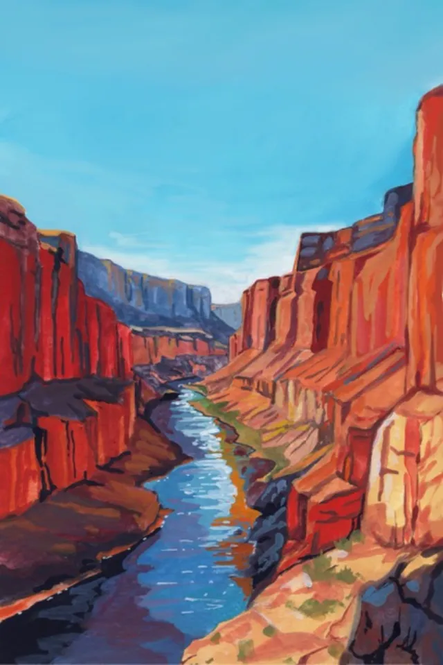 Colorful canyon landscape with river flowing through red rock cliffs by KE Birch