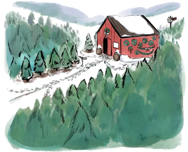 Winter landscape with a red barn and snow-covered trees by Briana Kranz