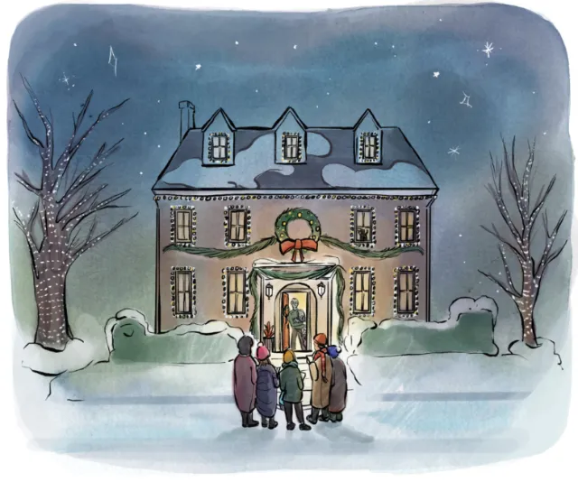 People gathered outside a decorated mansion in snowy winter night by Briana Kranz