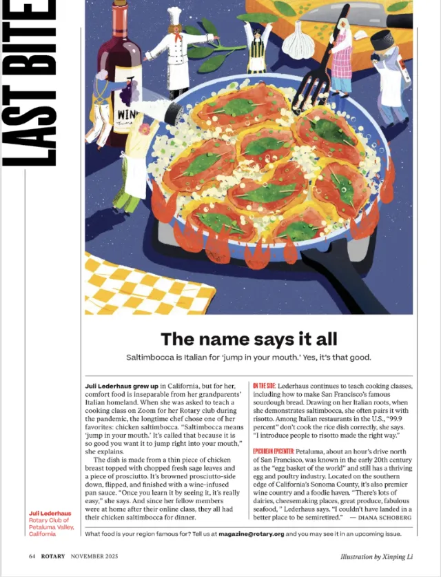 Illustration of chicken saltimbocca dish with chefs by Xinping Li