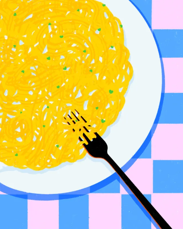 Fork twirling spaghetti on plate against checkered tablecloth by Xinping Li