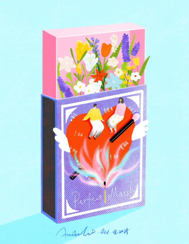 Playing card box with floral design and two people on a heart by Xinping Li