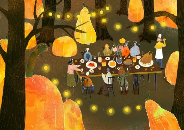 Thanksgiving dinner gathering under glowing pumpkins by Xinping Li
