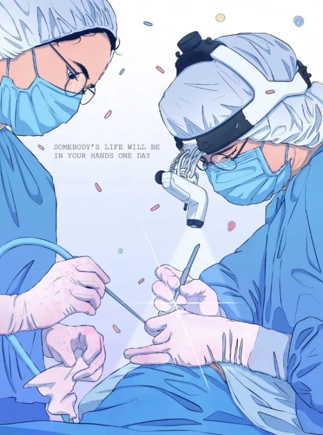 Surgeons performing surgery wearing masks and gloves by Yogi Fahmi Riandito