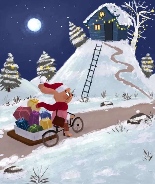 Winter night scene with character pulling sled full of gifts artist Dalia Awad