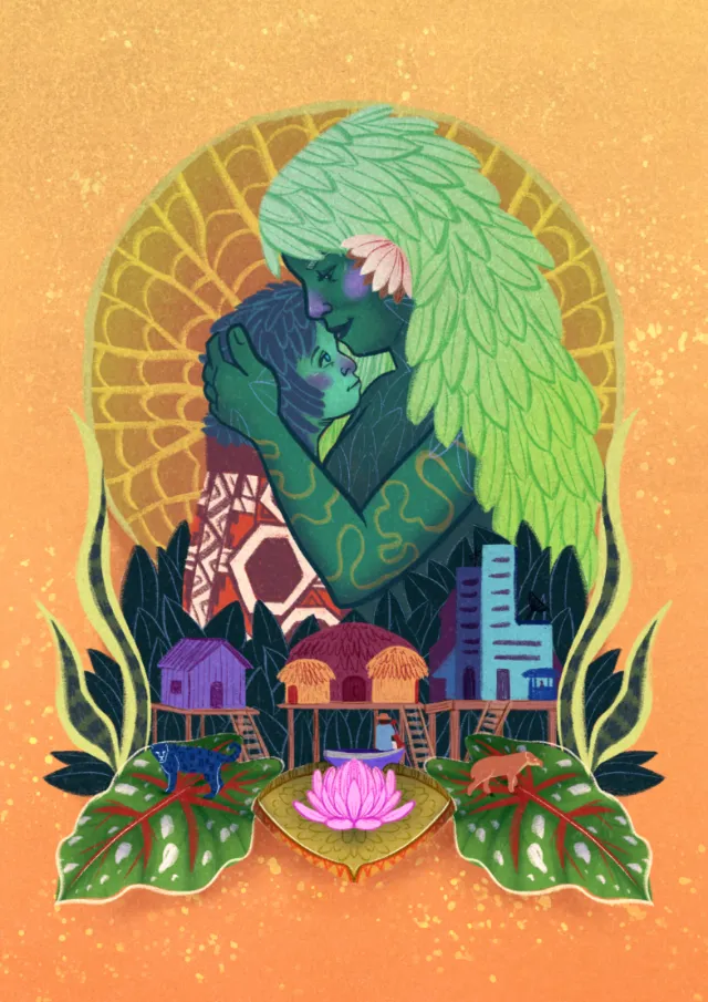 Two figures embracing with green leafy hair and nature patterns by Tai