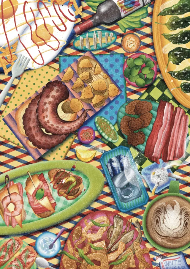 Table filled with diverse foods including pastries, drinks, and small dishes by Oliver Li