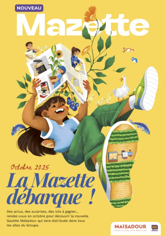 Joyful girl with newspaper and plants on La Mazette cover by Luiza Laffitte