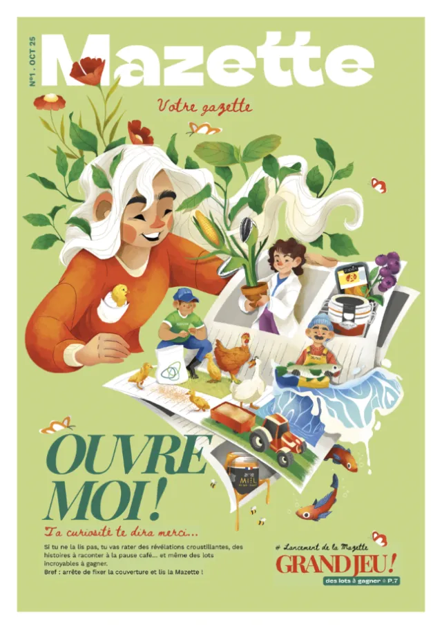 Mazette magazine cover with colorful characters, plants, and food by Luiza Laffitte