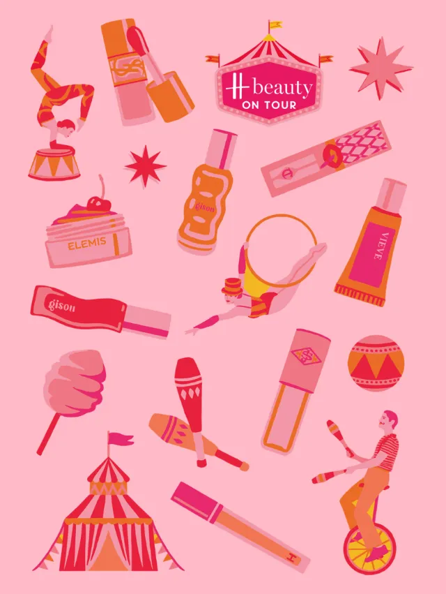 Beauty products and circus items illustration by Lauren Mortimer Colours