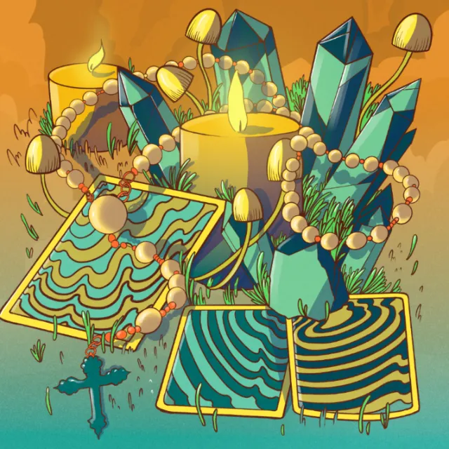 Lit candles with blue crystals, striped cards, and beads by Carolina Rodriguez Fuenmayor