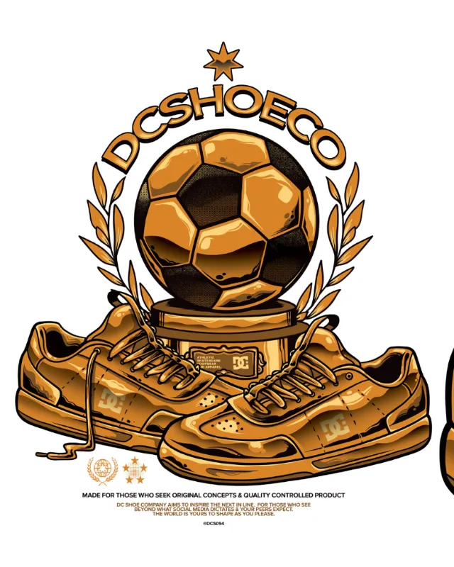 DC Shoes logo featuring soccer ball and sneakers illustration by Wagner Loud