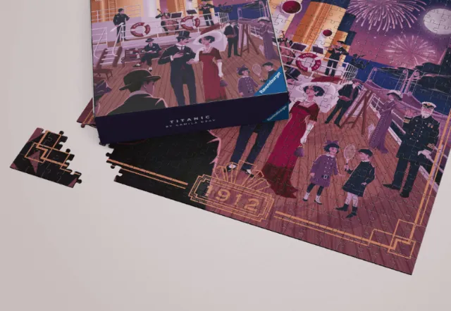 Titanic puzzle featuring passengers and fireworks by Camila Gray