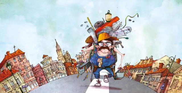 Cartoon man walking overloaded with household items by Amandine Dugon