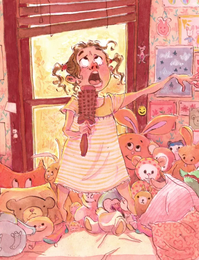 Illustration of girl holding doll surrounded by stuffed animals by Amandine Dugon