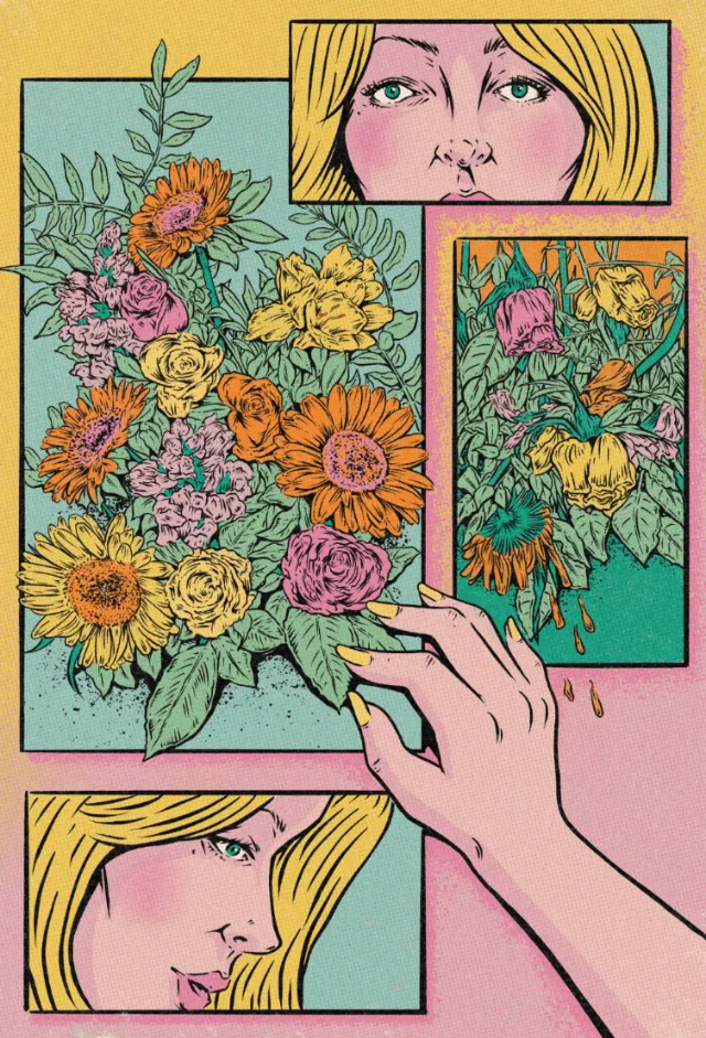 Hand holding floral art prints by Cat Sims with sunflowers and roses