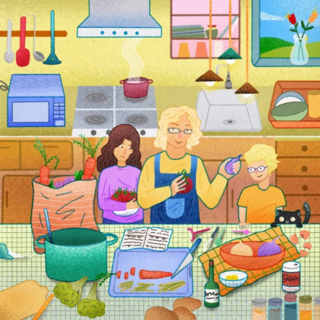 Family cooking together in kitchen with pots and vegetables, by Oliver Li