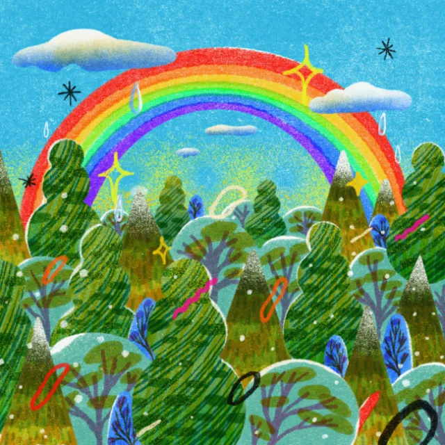 Colorful forest scene with rainbow and clouds by Oliver Li