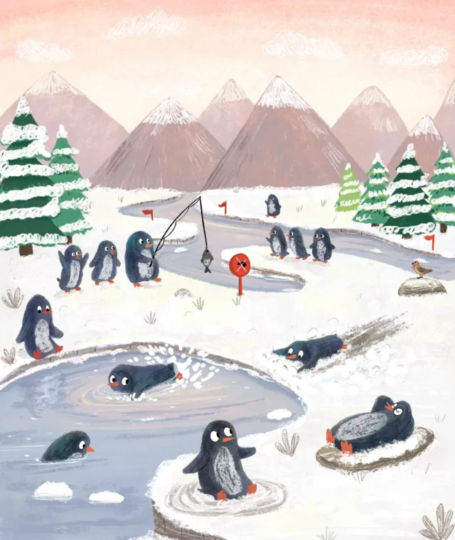 Penguins fishing and sliding on ice in snowy mountain landscape by Dalia Awad
