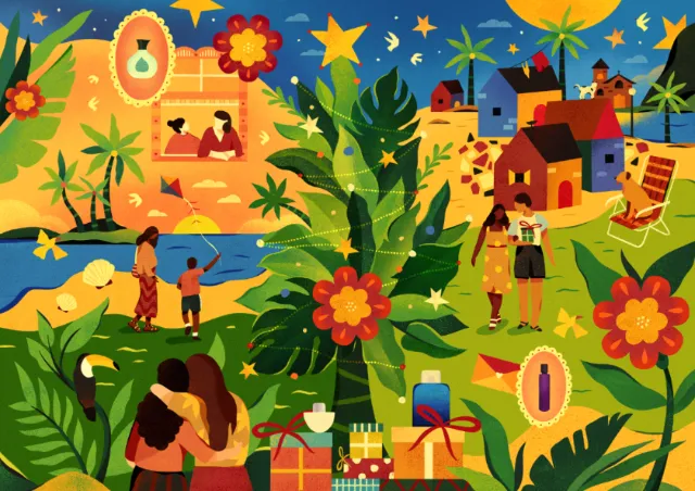 Colorful village with people, houses, flowers, and stars by Barbara Tamilin