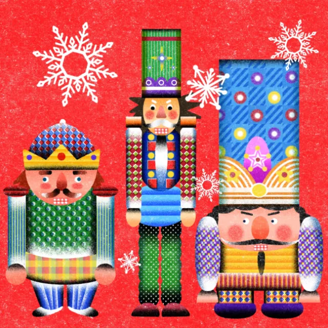 Three colorful nutcrackers with snowflakes on red background by Oliver Li