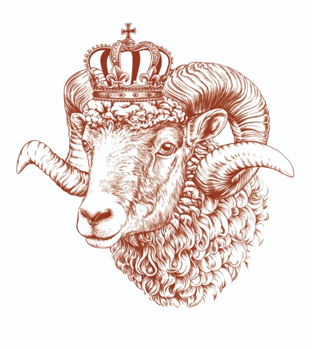 Detailed pencil drawing of a ram wearing a royal crown by Lauren Mortimer Pencils