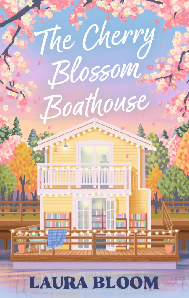 Book cover of The Cherry Blossom Boathouse with yellow boathouse and cherry blossoms, by Lauren Mort