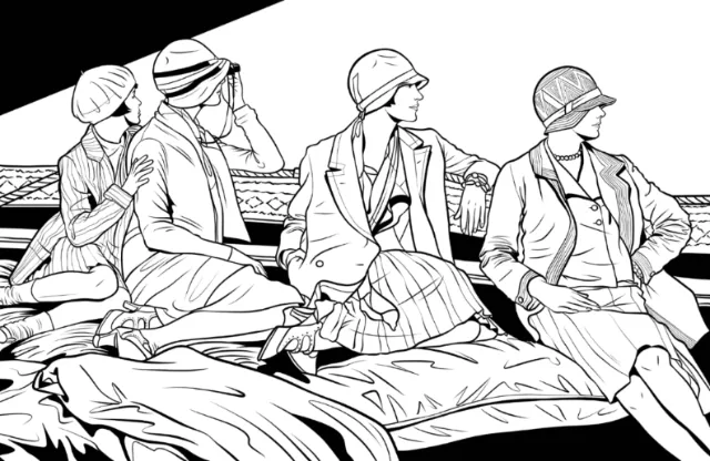 Black and white illustration of four women in vintage clothing by Maddalena Carrai