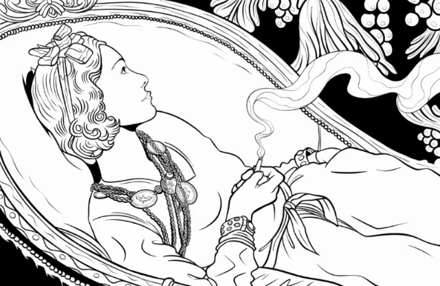Black and white drawing of a woman holding a cigarette, by Maddalena Carrai