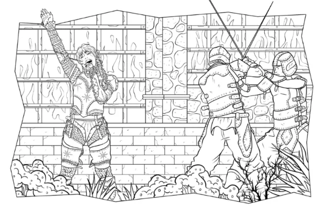 Medieval warriors fighting in front of a brick wall, illustration by Maddalena Carrai