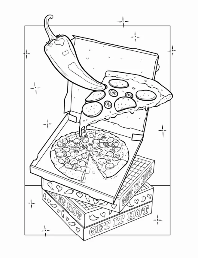 Black and white illustration of pizza slices in open boxes by Maddalena Carrai