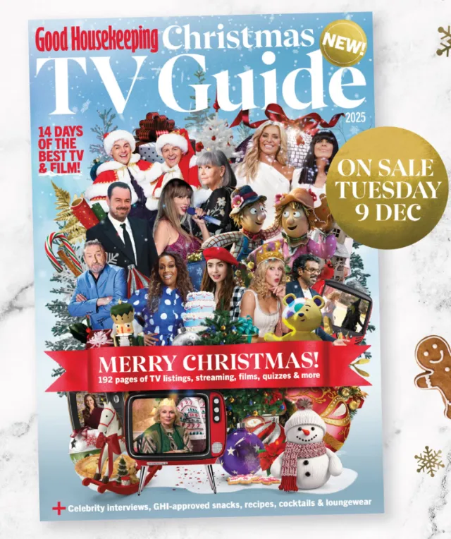 Christmas themed TV Guide cover with festive characters and decorations by Patrick Boyer