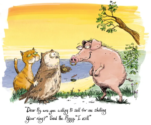 Illustration of an owl, a cat, and a pig from Victorian nursery rhyme by Sholto Walker