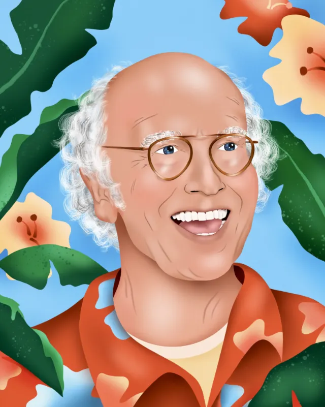 Digital portrait of Larry David surrounded by tropical leaves by Alyah Holmes