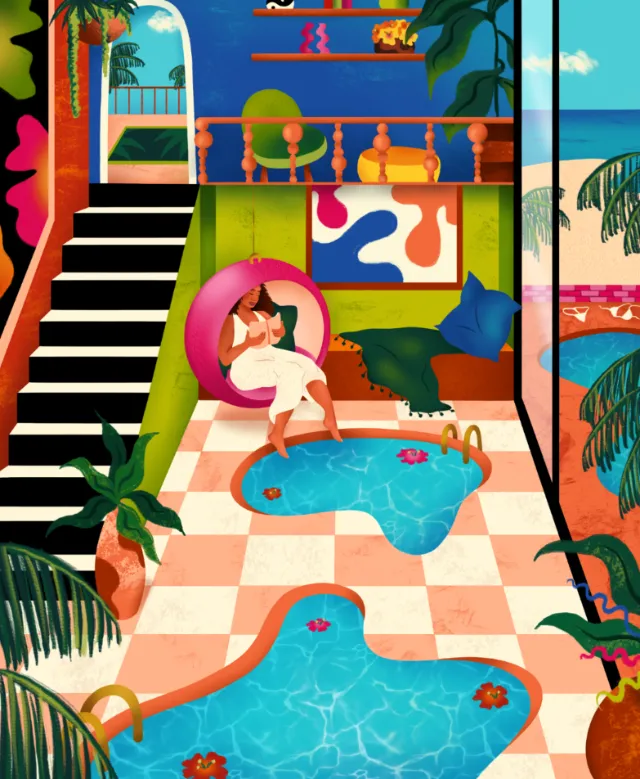 Interior tropical vacation scene featuring a woman relaxing by funky pool Alyah Holmes