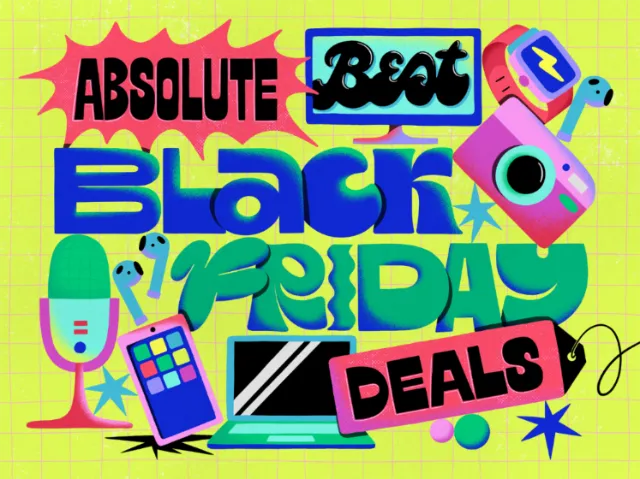 Colorful Black Friday deals artwork by Mel Cerri with tech gadgets and bold lettering