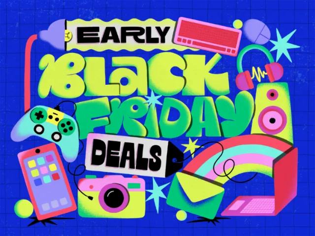 Colorful illustration of Black Friday deals with tech gadgets by Mel Cerri
