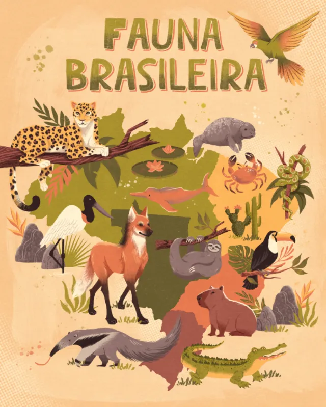 Brazilian wildlife animals surrounding green map, artwork by Camila Gray
