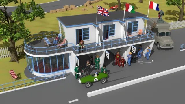Vintage race pit stop scene with cars, flags, and crew by Lee Montgomery