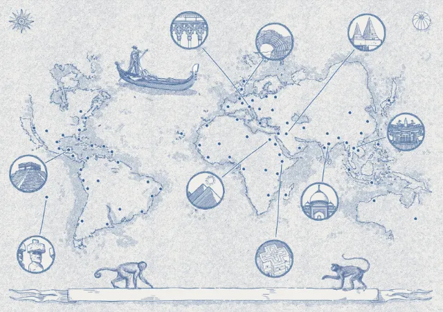 Etching map showing world heritage sites in Delft Blue by Studio Duco