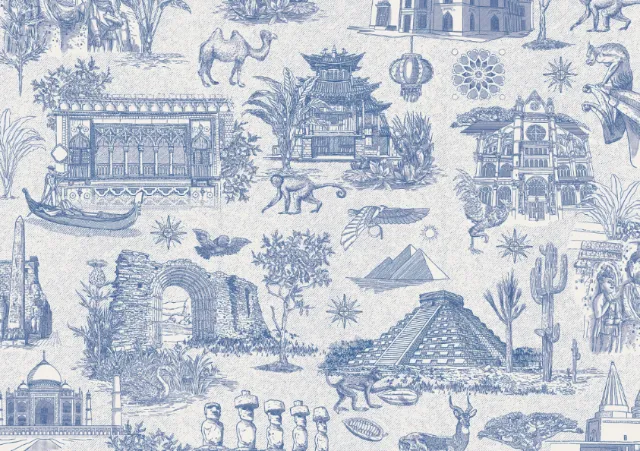 Blue Toile de Jouy pattern with global monuments by Studio Duco