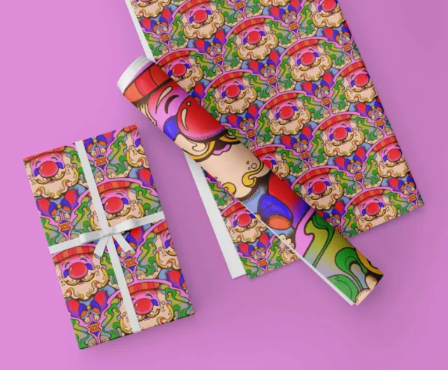 1960s style Santa Claus wrapping paper with swirly trees by Laura Greenan