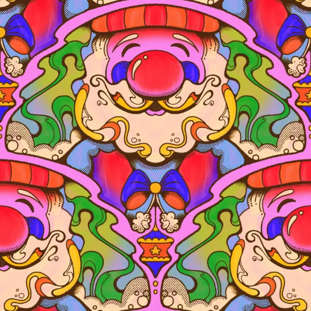 Psychedelic Santa Claus head with colorful 1960s style design by Laura Greenan