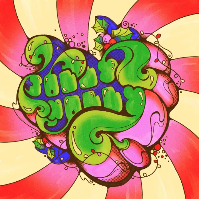Psychedelic Jolly Holly Christmas typography with holly and swirls by Laura Greenan