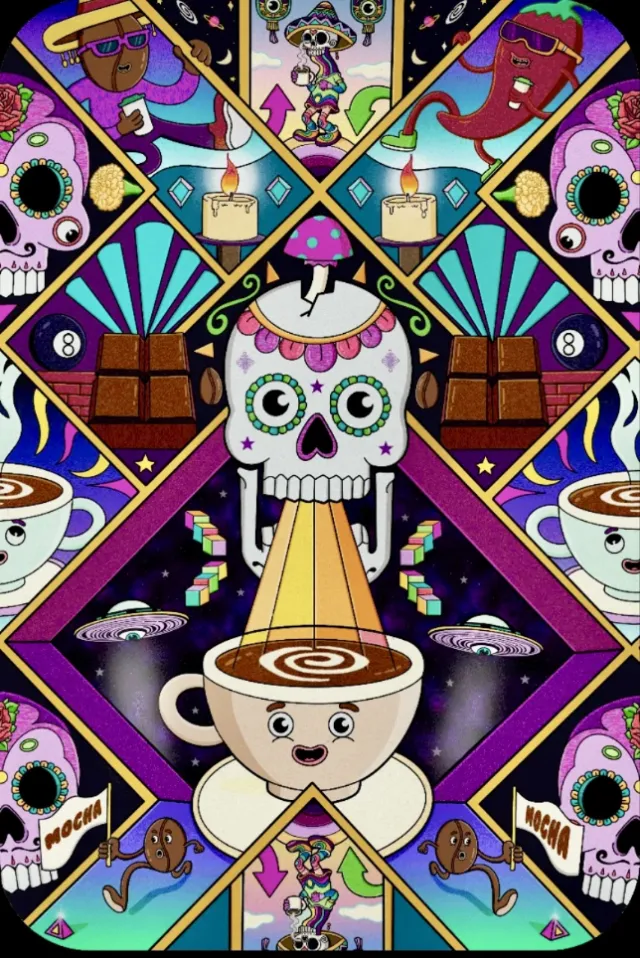 Vibrant skull and coffee cup illustration by Daniel Sulzberg